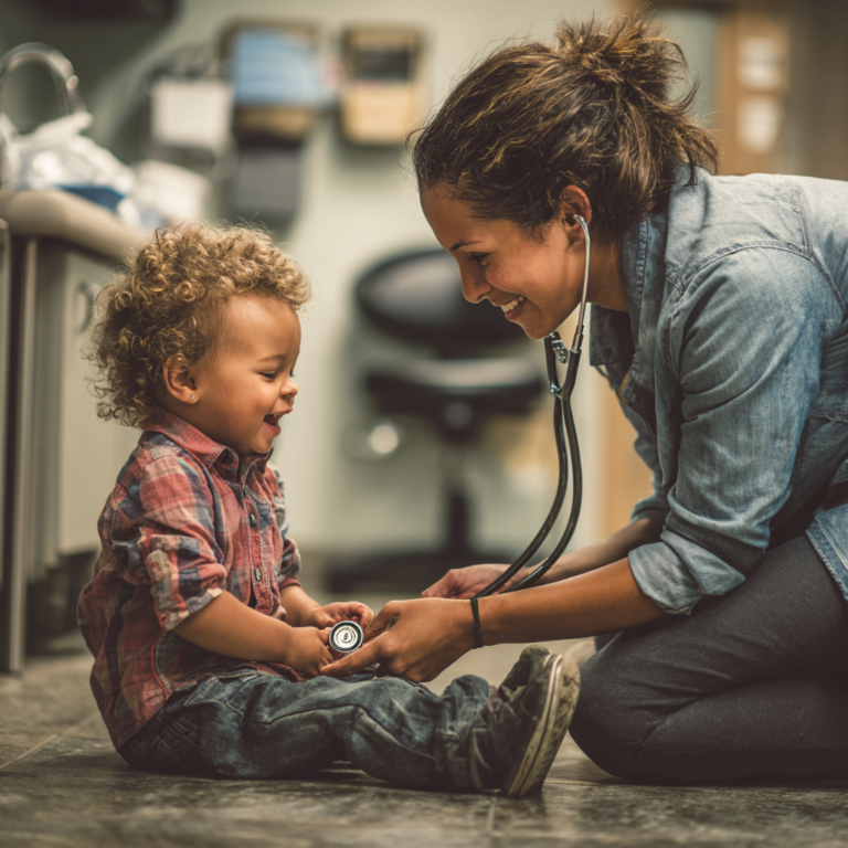 A healthcare professional kneeling on a clinic floor, smiling warmly at a toddler as they play with a stethoscope during a pediatric checkup.