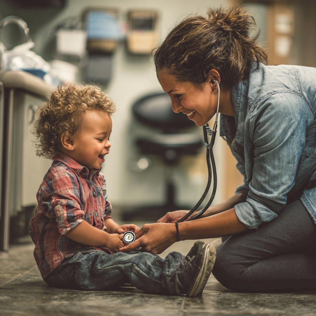 A healthcare professional kneeling on a clinic floor, smiling warmly at a toddler as they play with a stethoscope during a pediatric checkup.