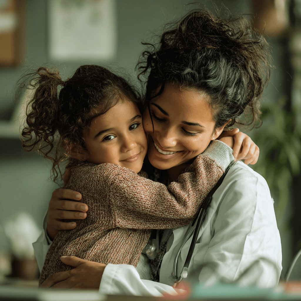 Smiling female pediatrician in white coat hugging young girl in cozy sweater, conveying warmth, trust, and compassionate pediatric care in a medical office setting.
