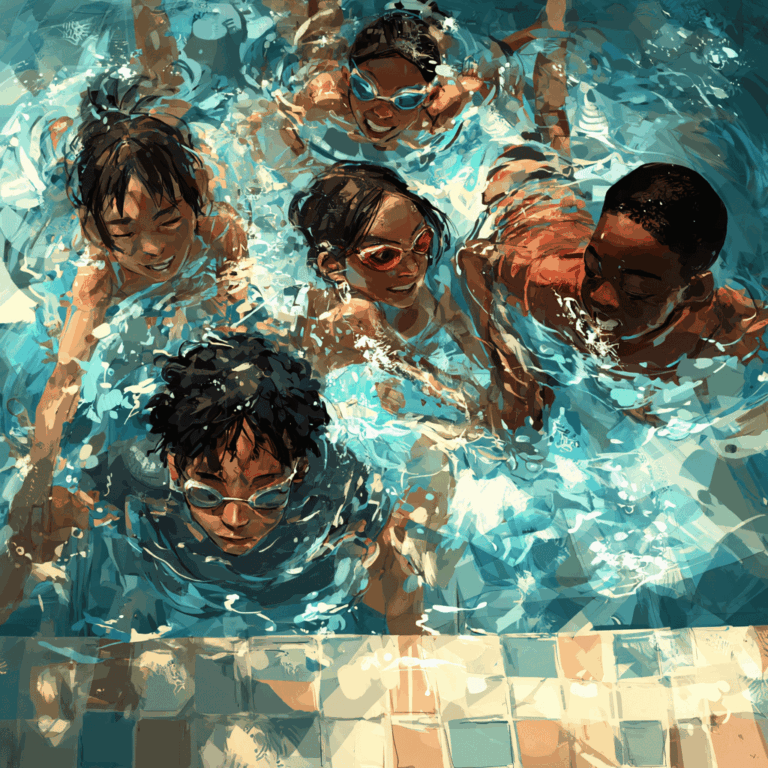 Group of smiling children wearing swim goggles playing together in a bright blue swimming pool, splashing water near the tiled pool edge.