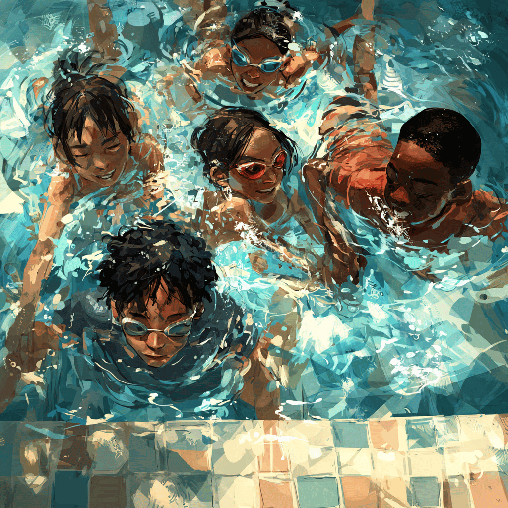 Group of smiling children wearing swim goggles playing together in a bright blue swimming pool, splashing water near the tiled pool edge.
