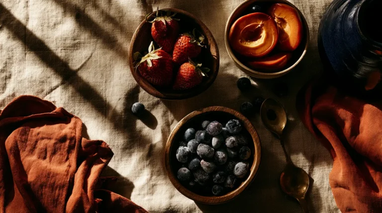 Three bowls of fruit on cream linen showing fresh strawberries, canned peach halves, and frost-dusted frozen blueberries side by side, a pediatrician's visual guide to choosing fresh, frozen, or canned produce for your family.