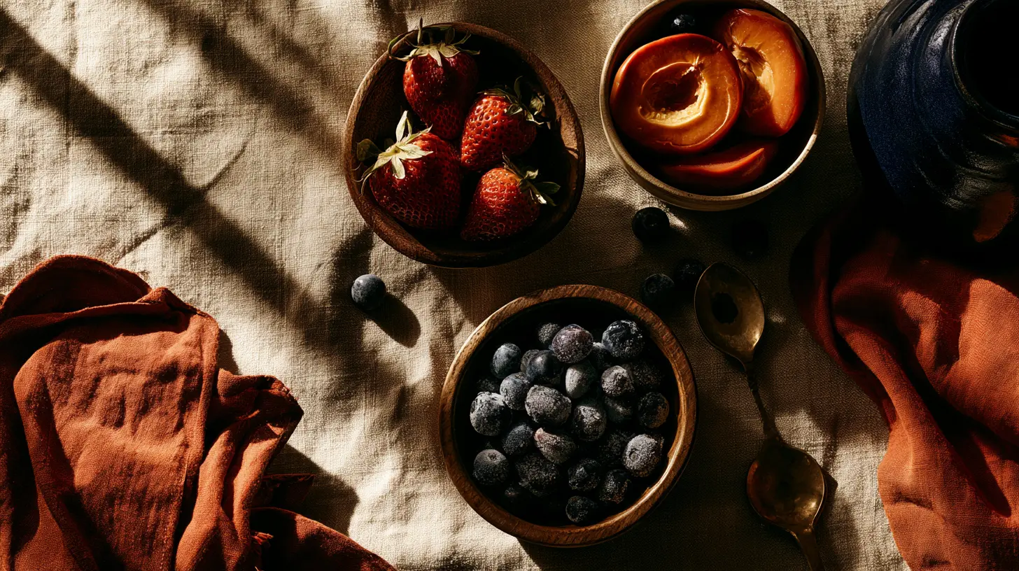 Three bowls of fruit on cream linen showing fresh strawberries, canned peach halves, and frost-dusted frozen blueberries side by side, a pediatrician's visual guide to choosing fresh, frozen, or canned produce for your family.