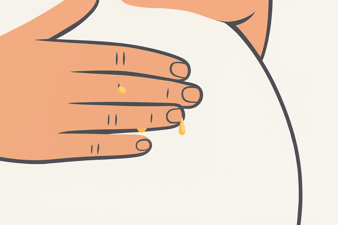 A close-up of a pregnant person's hands performing antenatal hand expression to collect a drop of golden colostrum, a key technique for breastfeeding preparation.