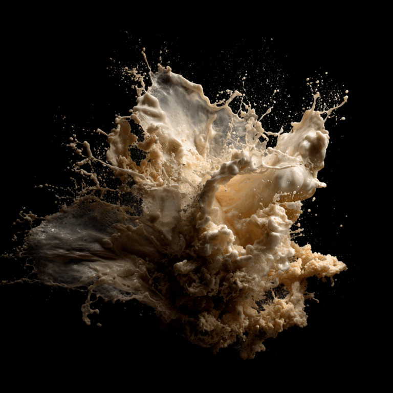 Close-up high-speed capture of fresh colostrum splash in mid-air against a black background, highlighting its nutrient-rich, creamy texture, golden-beige tones, and frothy detail—symbolizing the natural health benefits and immune-boosting properties of first milk.