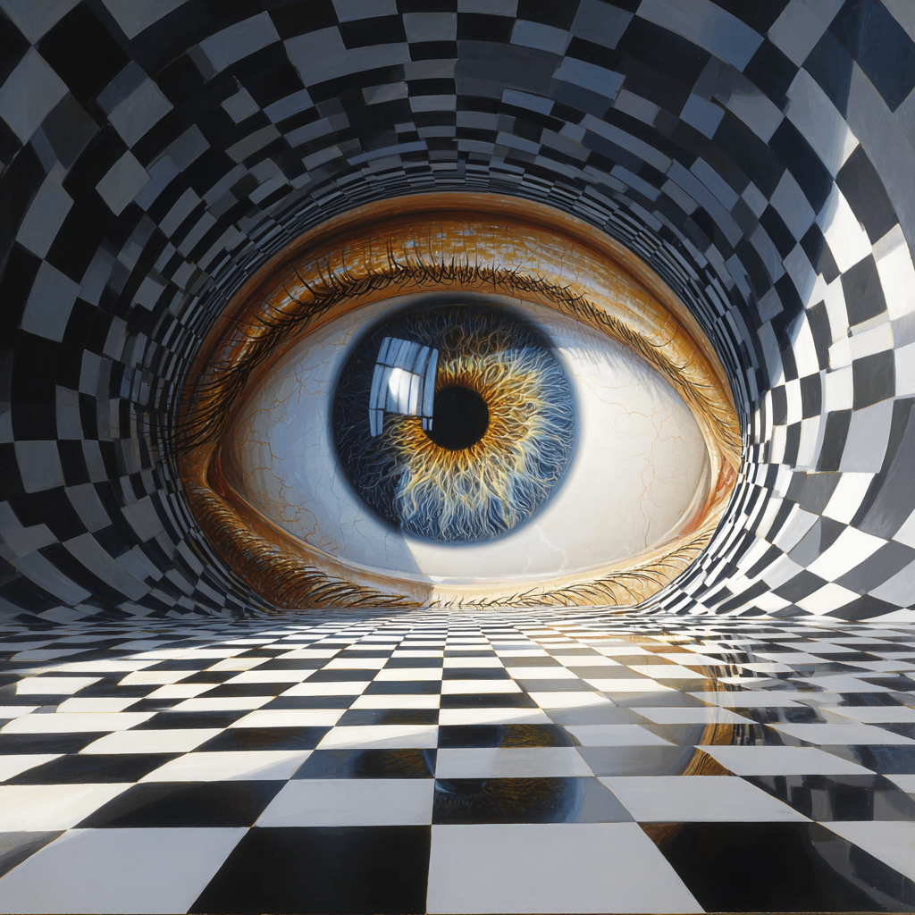 Surreal digital art of a giant, hyper-realistic human eye centered at the end of a receding checkered tunnel, featuring golden eyelashes and a blue-to-gold iris with a reflective floor.