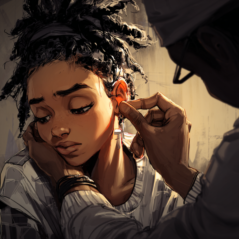 Stylized digital illustration of a young girl with dreadlocks having her ear gently examined by a healthcare professional in warm, cinematic lighting.