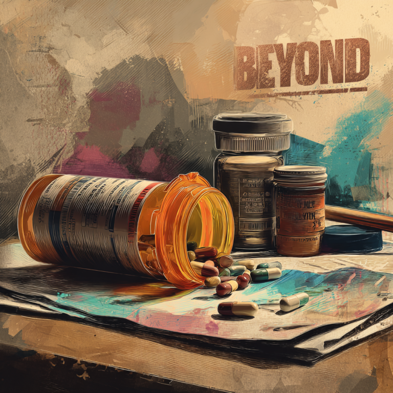 Conceptual medical illustration for a "Beyond the Pill" approach to pediatric care, showing spilled medication bottles to symbolize looking past prescriptions for root-cause wellness.