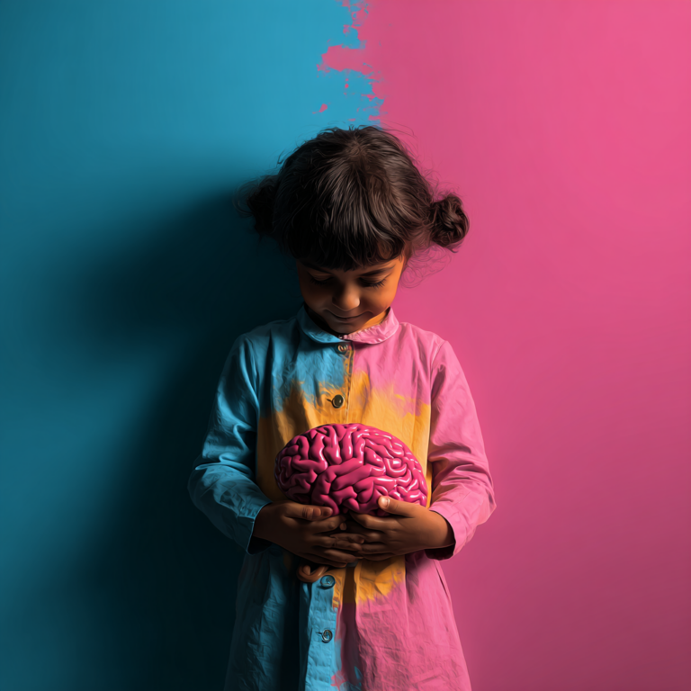 Conceptual representation of the pediatric gut-brain axis, featuring a child holding a brain model near her gut to symbolize the link between nutrition and cognitive health.