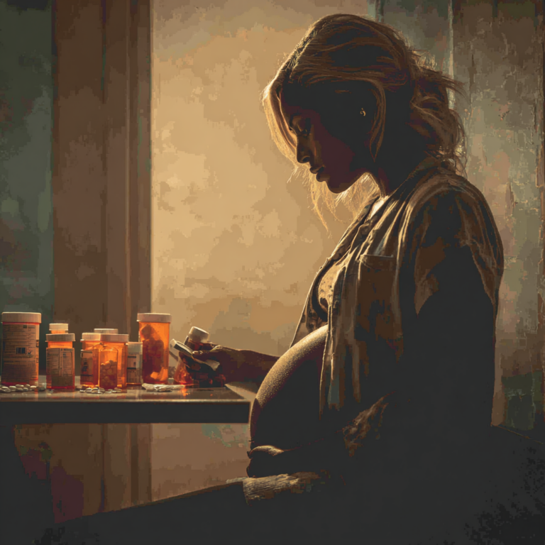 Pregnant woman reviewing labels on medication bottles to ensure safety during pregnancy, shown in a contemplative, indoor setting.