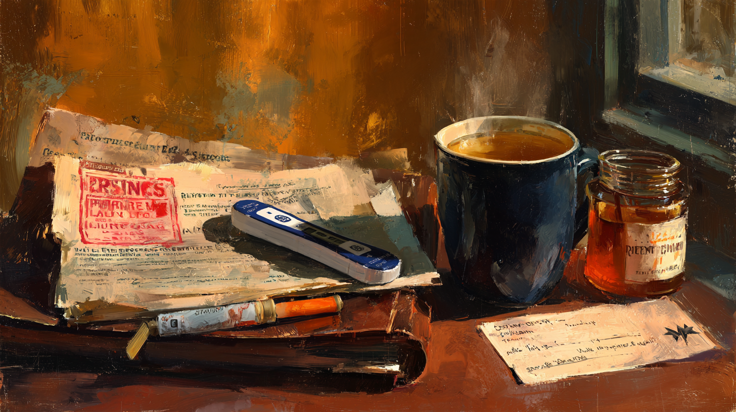 Oil-painted still life on a physician's desk in warm amber and deep navy tones: a stamped medical document, a digital pediatric thermometer, a steaming navy-blue mug of ginger tea, a glass jar of raw honey, and a handwritten absence note — painterly brushstrokes, chiaroscuro lighting from a window at right. Featured image for "When Fever Meets School Policy" by Dr. Marie Jean-Baptiste, Rising Star Pediatrics.