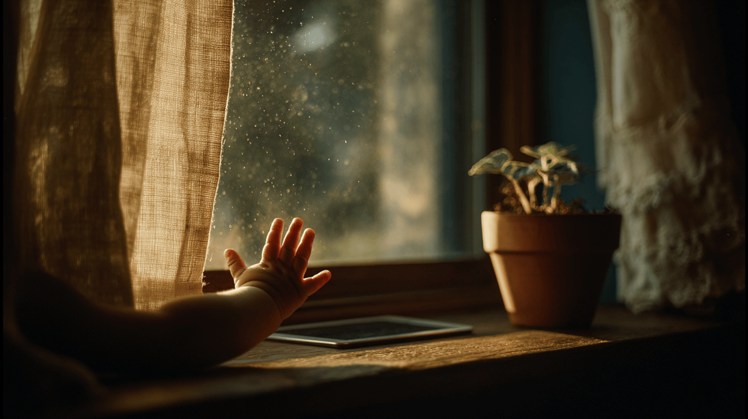 A toddler reaches toward a sunlit window while an unused tablet sits face-down on the windowsill next to a small potted plant.