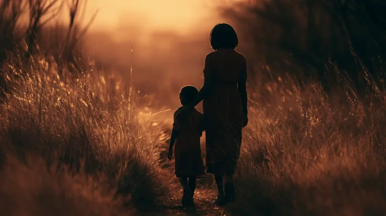 A mother walks alongside her young child on a sunlit golden-hour path through tall grass, her hand resting gently on his shoulder, illustrating the navigator role at the heart of integrative pediatric mental health care.