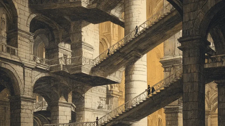 A Piranesi-inspired etching of a vast classical interior with crossing staircases, suspended bridges, and small figures moving through the architecture. Warm light filters from above. The image illustrates the idea that depth in medicine, as in art, comes from arrangement rather than addition.