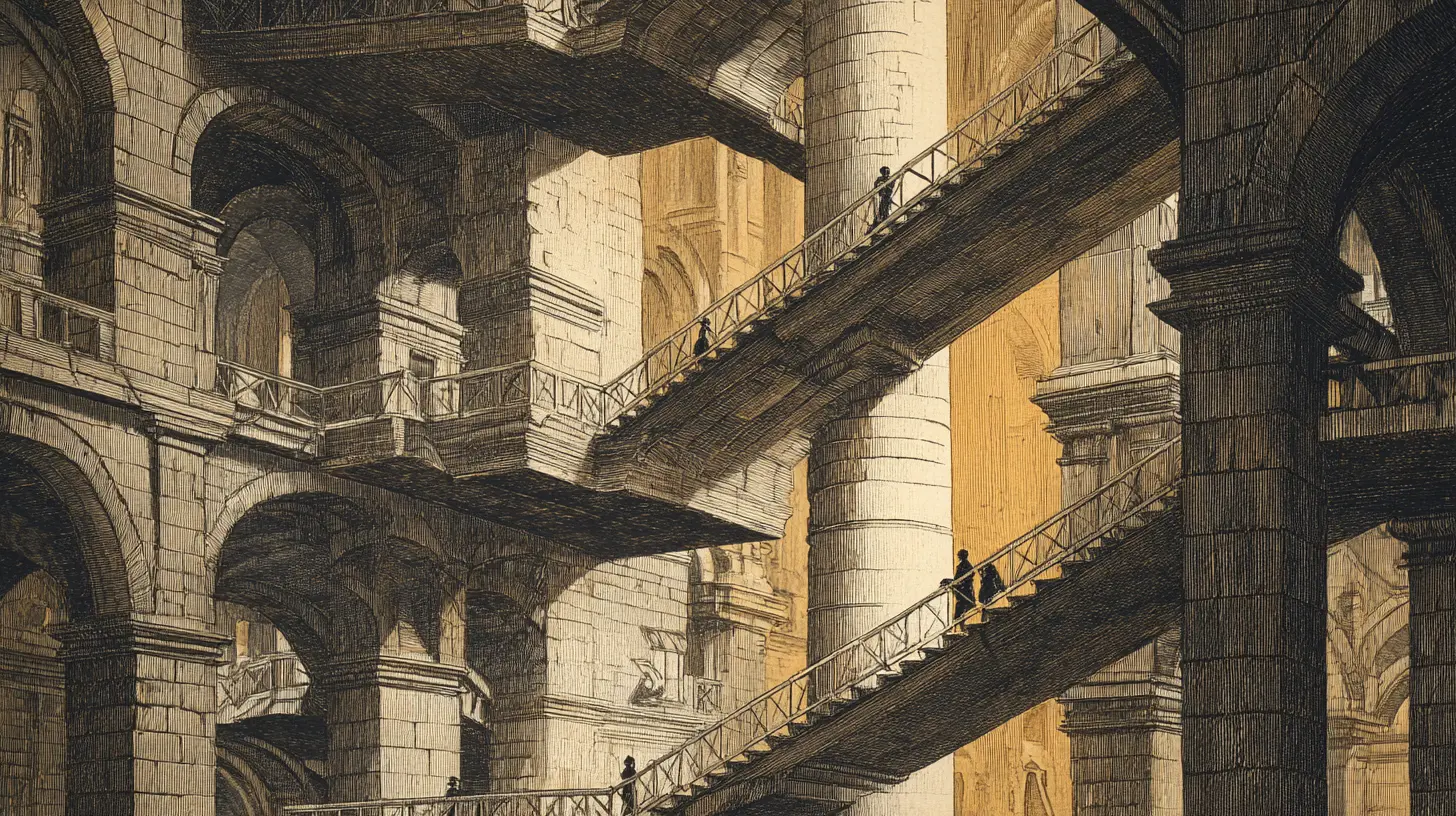 A Piranesi-inspired etching of a vast classical interior with crossing staircases, suspended bridges, and small figures moving through the architecture. Warm light filters from above. The image illustrates the idea that depth in medicine, as in art, comes from arrangement rather than addition.