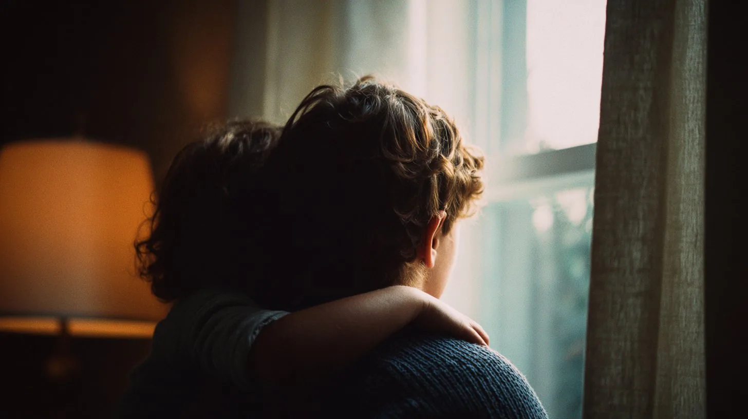 A young child held in a parent's arms, resting their head against the parent's shoulder while looking out a softly lit window in a warm, lamp-lit room.
